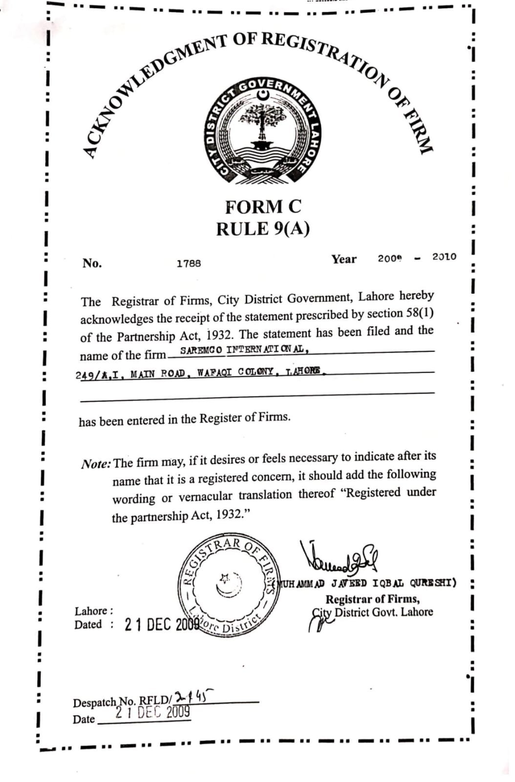 saremco registration cert